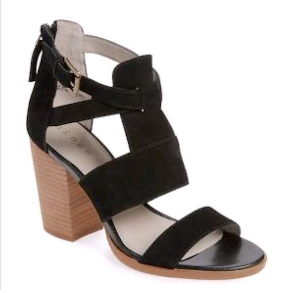 Hinge Cora Block Heel Sandal black leather SUEDE open toe strappy zip up 7.5 - Picture 1 of 10